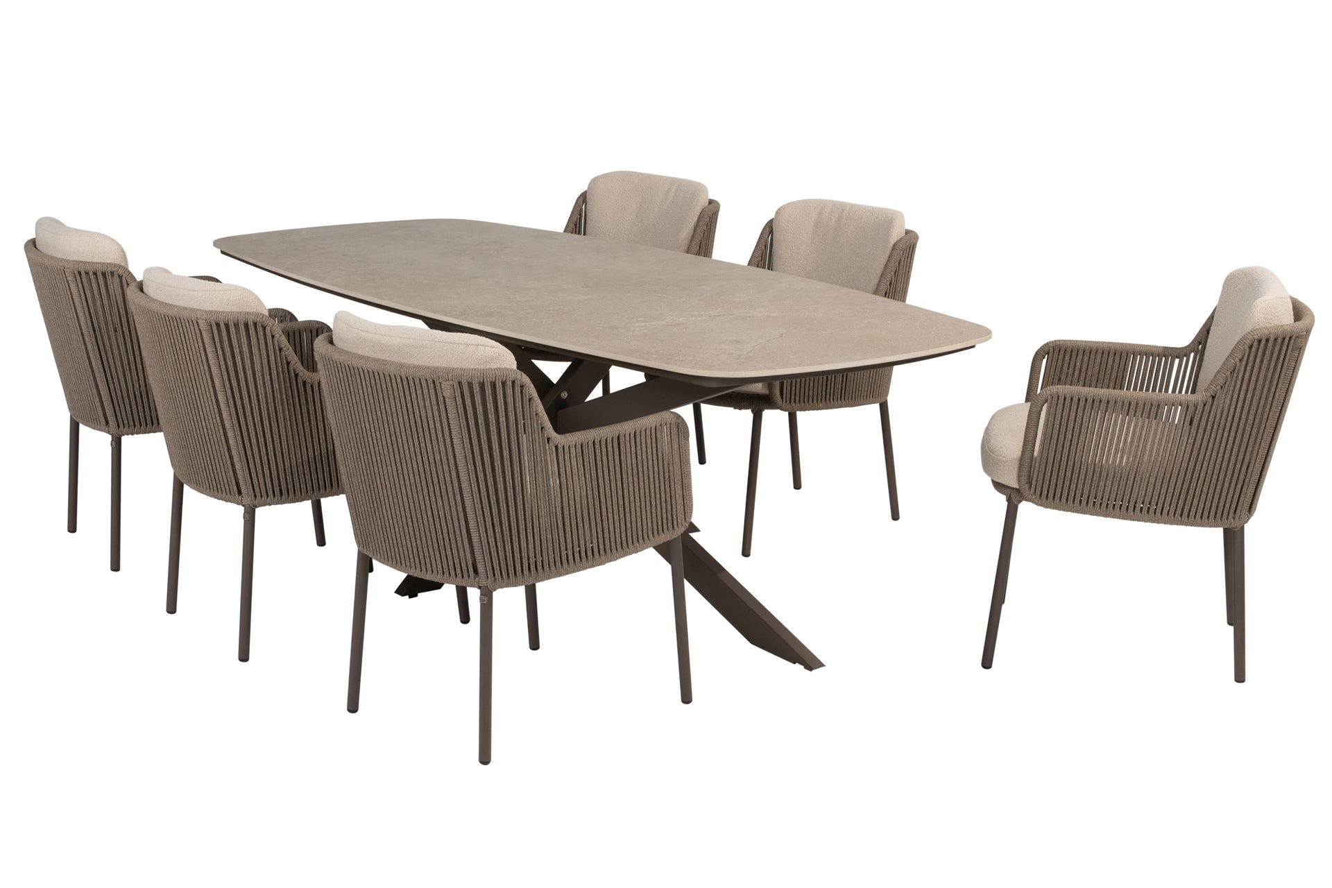 Bernini dining set with Prado barrel dining table ceramic top 240x105cm Terre - Complete Set