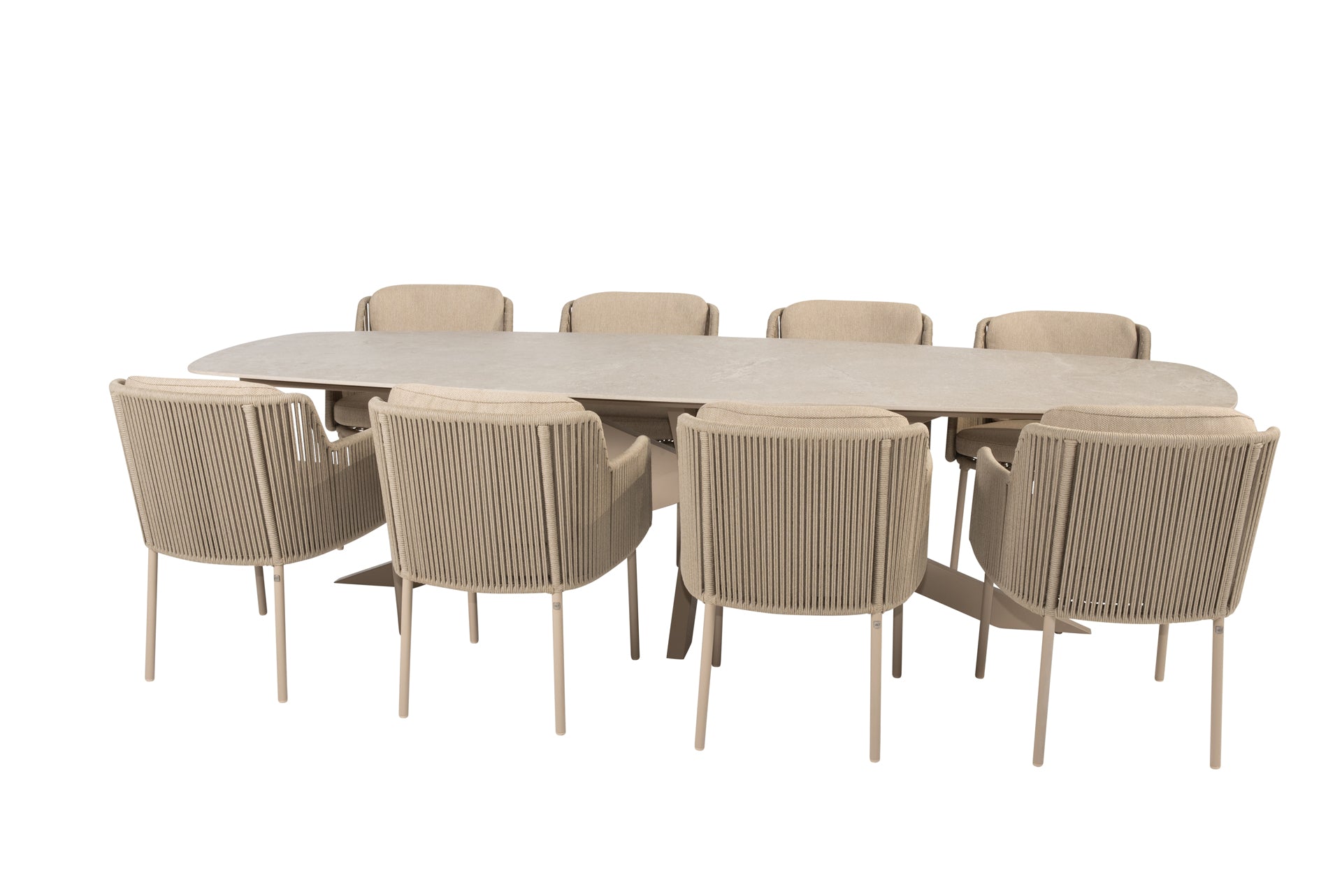 Bernini dining set latte with Prado sabia panna dining table latte 300 x 115cm - Complete Set