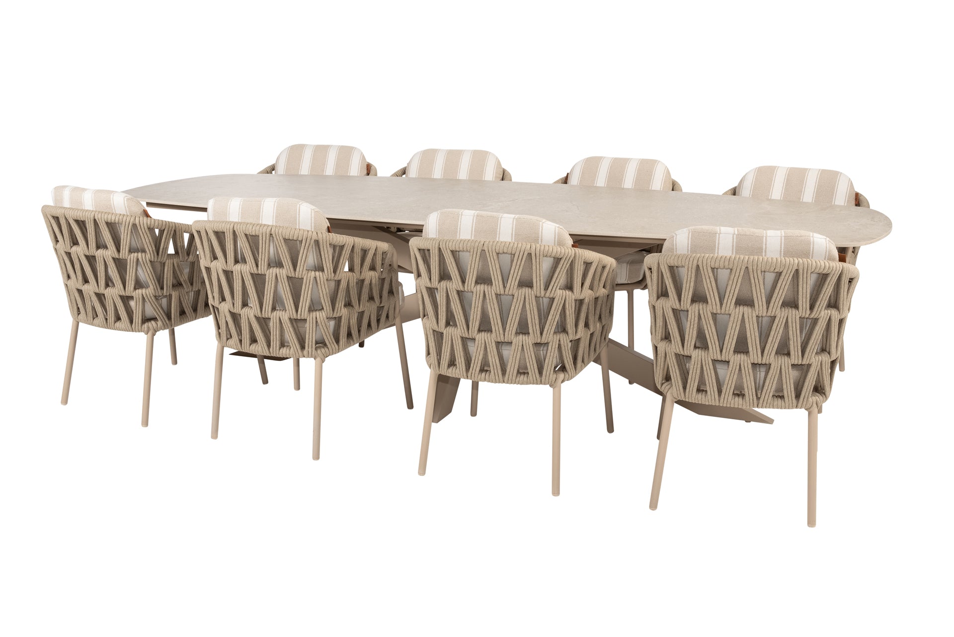 Beverly dining set latte with Prado sabia panna dining table latte 300 x 115cm - Complete Set