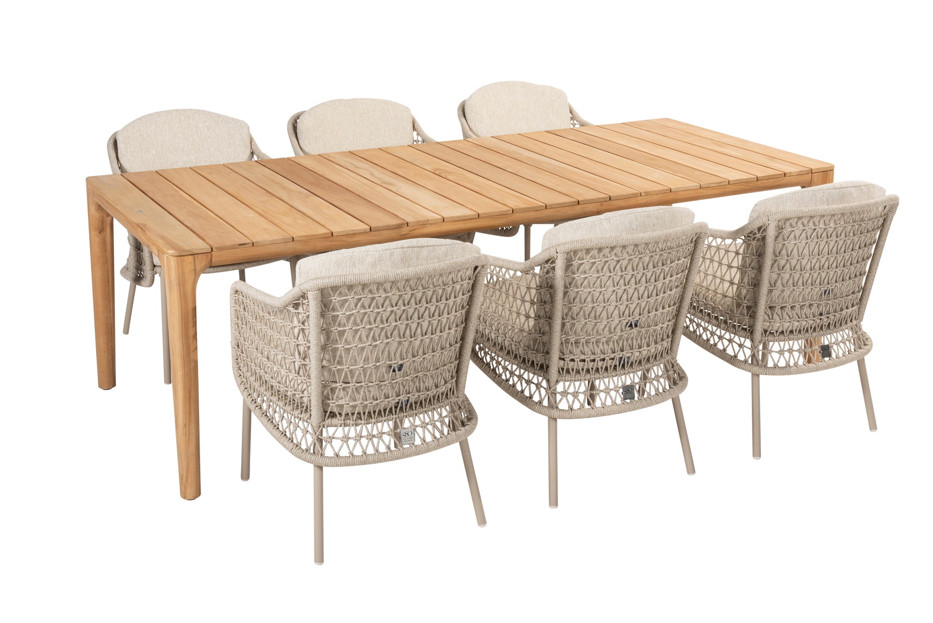 Puccini dining set Latte with Liam teak dining table 240x100cm _ - Complete Set