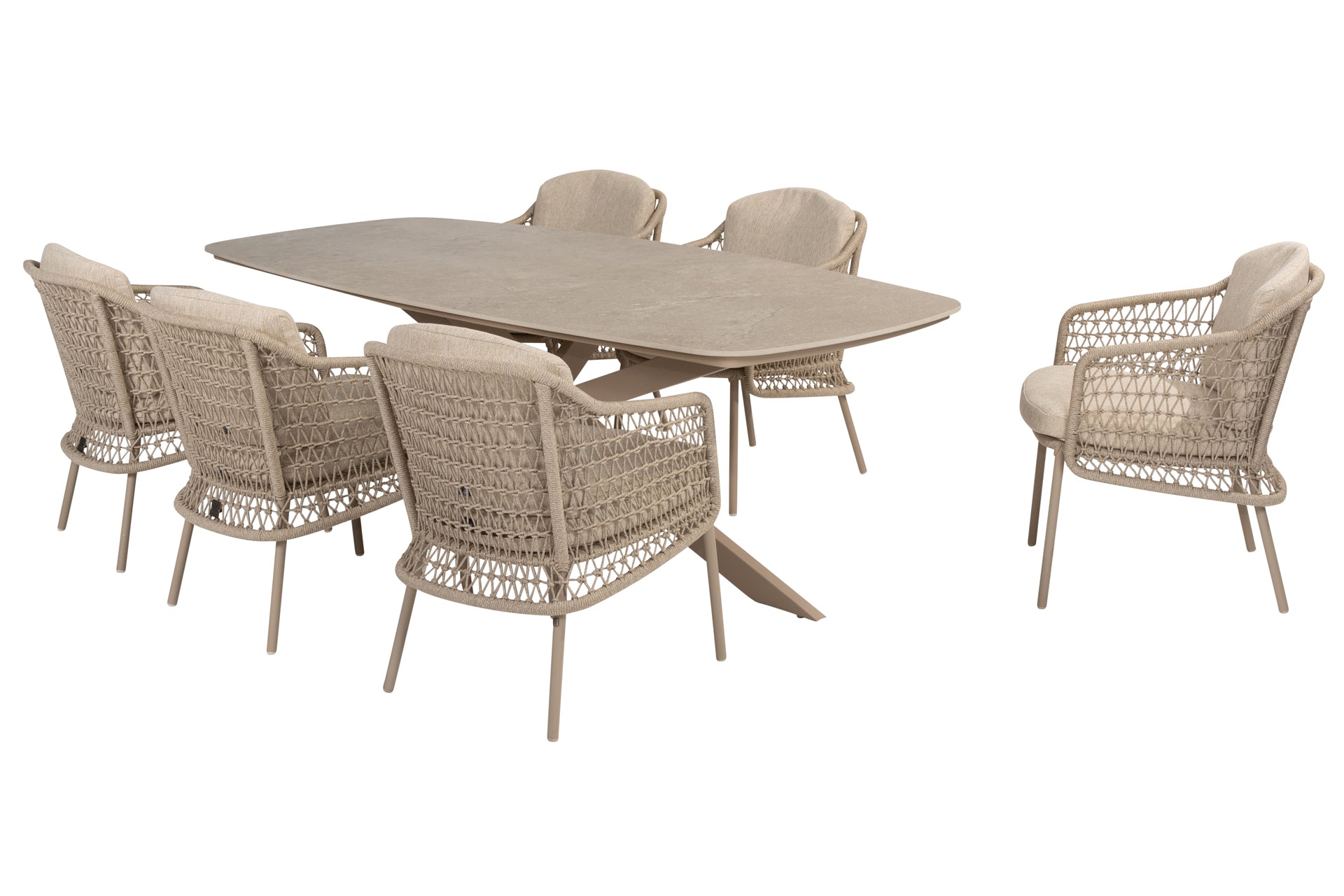 Puccini dining set with Prado barrel dining table 240x105cm Latte - Complete Set
