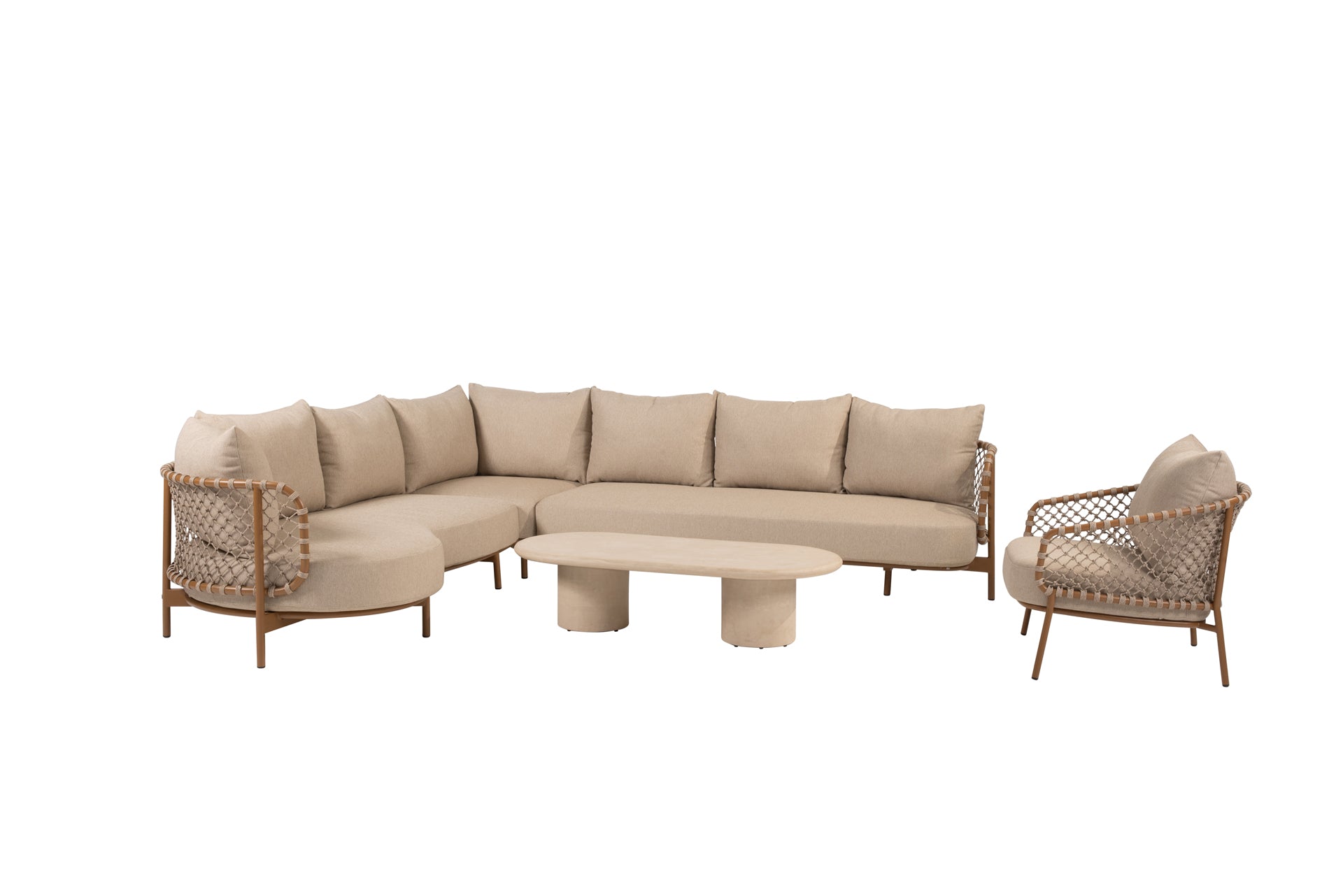 Martinique modular corner lounge set amber with lounge chair and Hampton table oval - Complete Set