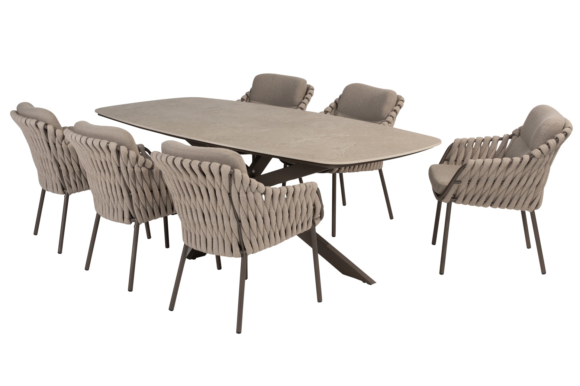 Montera dining set with Prado barrel dining table ceramic top 240x105cm Terre - Complete Set