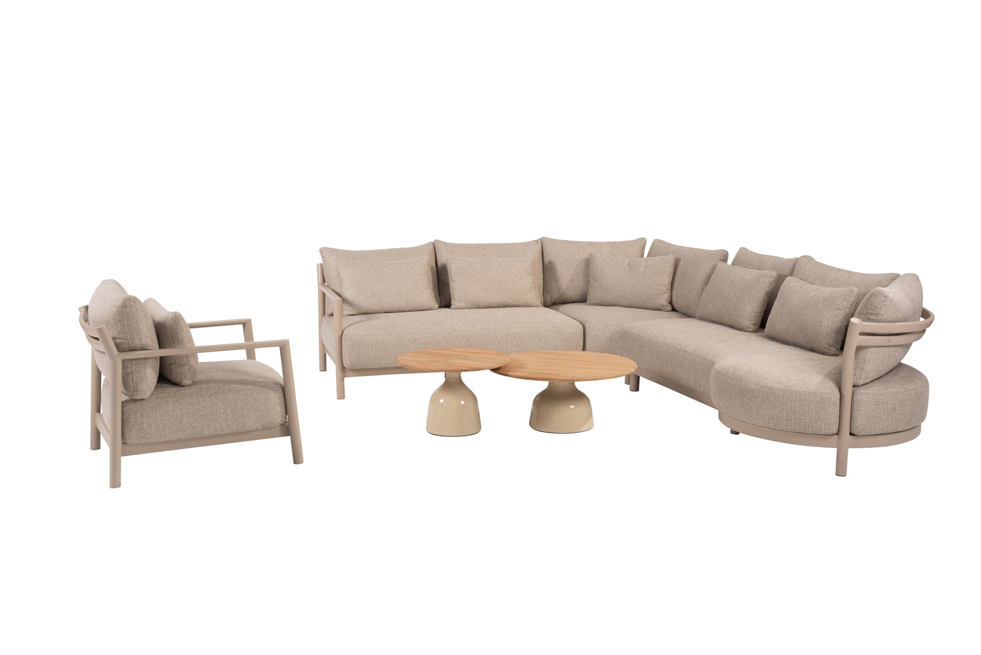 Mykonos modular corner lounge set latte with lounge chair and June tables - Complete Set