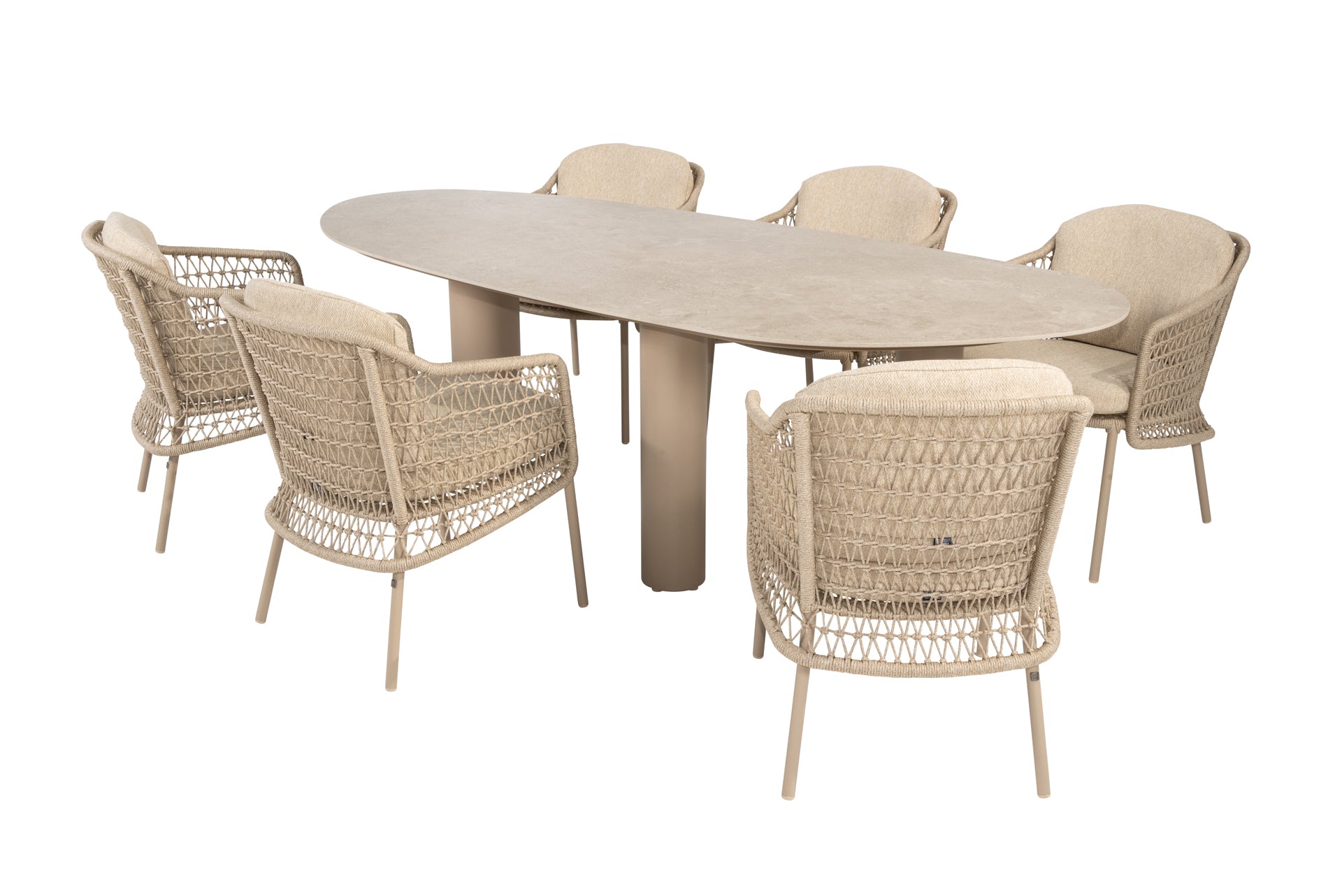 Puccini dining set latte with Estate mango shape dining table latte 240 x 110cm - Complete Set