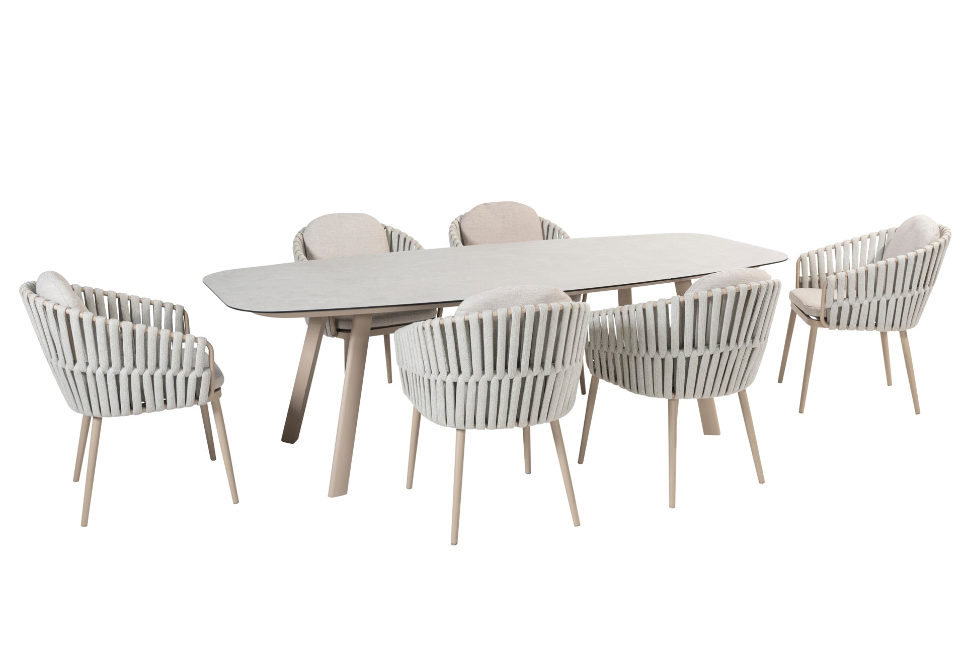 Eva dining set with Manolo Latte dining table barrel shape printed ceramic 240x103cm _ - Complete Set