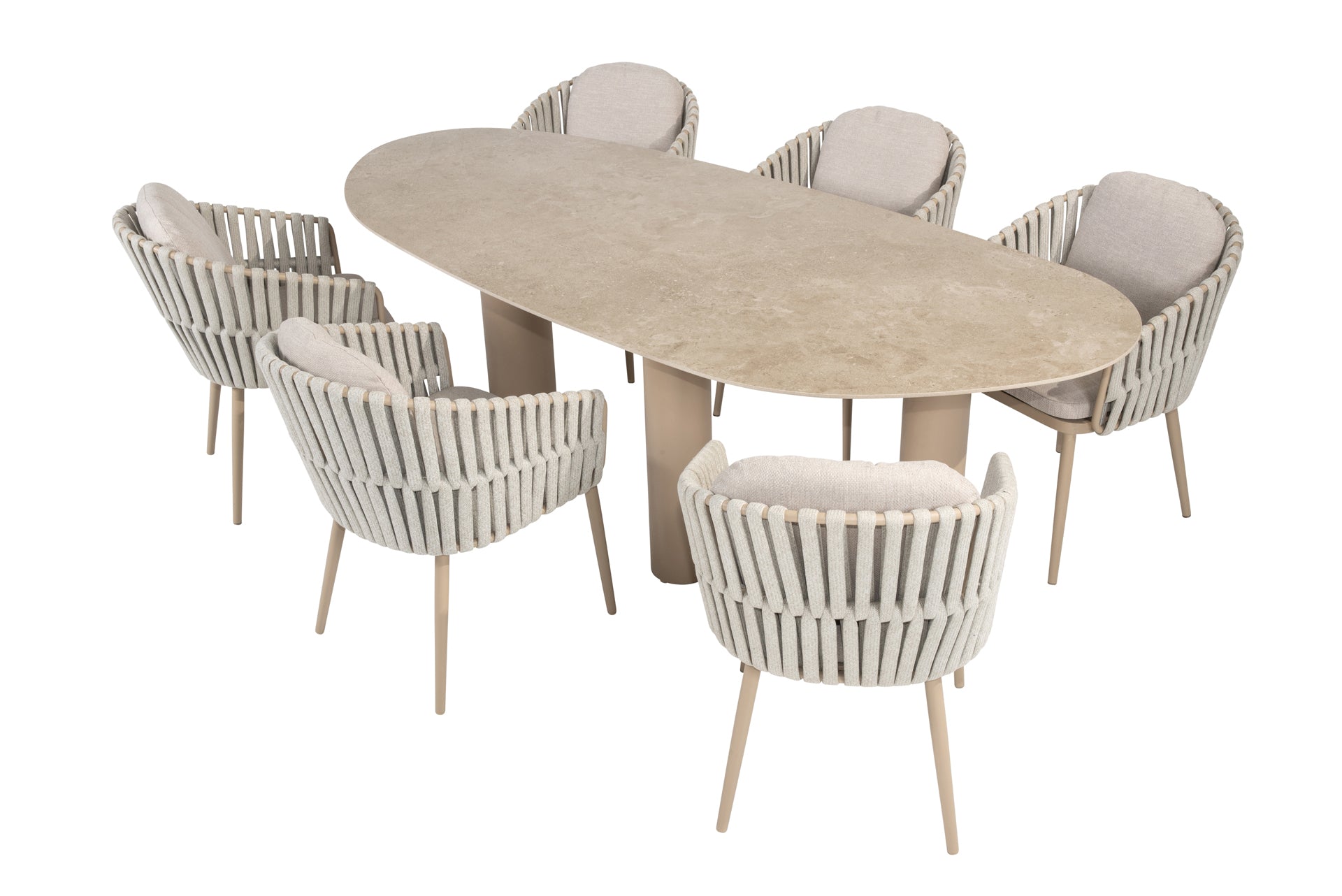 Eva dining set latte with Estate mango shape dining table latte 240 x 110cm - Complete Set