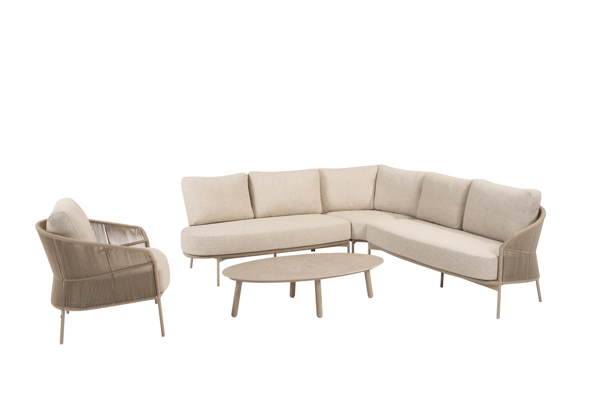 Florence modular corner lounge set latte with lounge chair and Salute table ellips - Complete Set