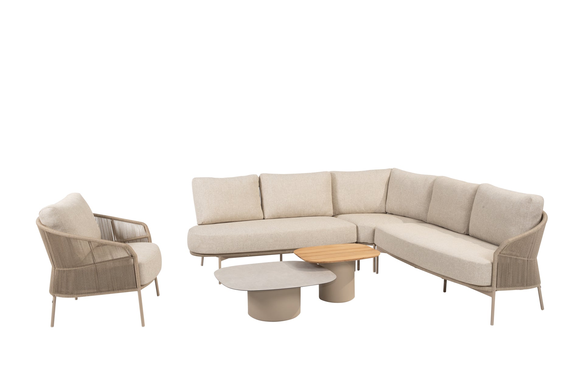 Florence modular corner lounge set latte with lounge chair and Demi tables - Complete Set