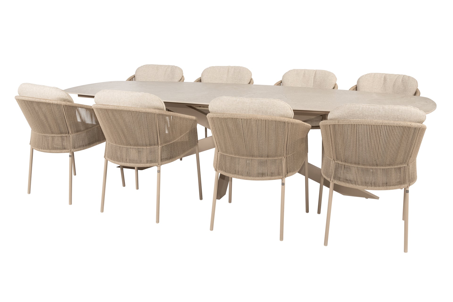 Florence dining set latte with Prado sabia panna dining table latte 300 x 115cm - Complete Set