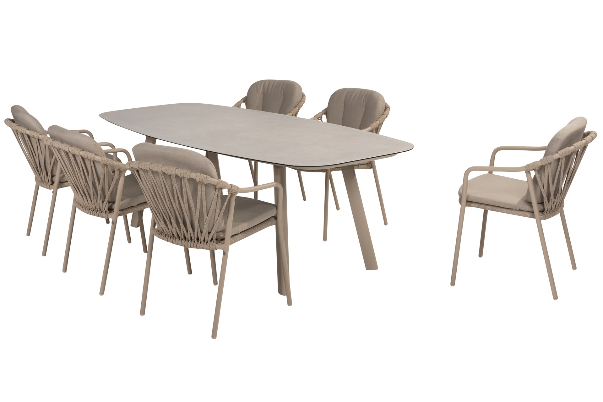 Manitoba dining set Latte with Manolo barrel table 240x103cm - Complete Set