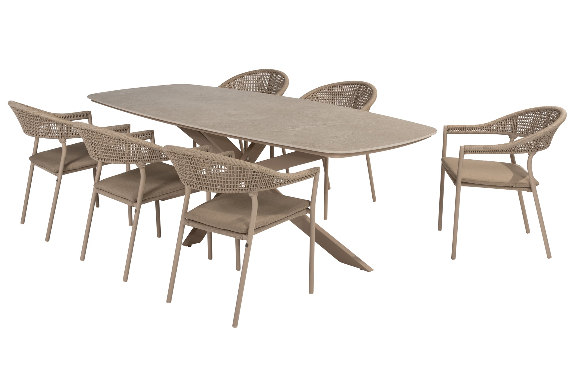 Sienna dining set Latte with Prado barrel dining table 240x105cm - Complete Set